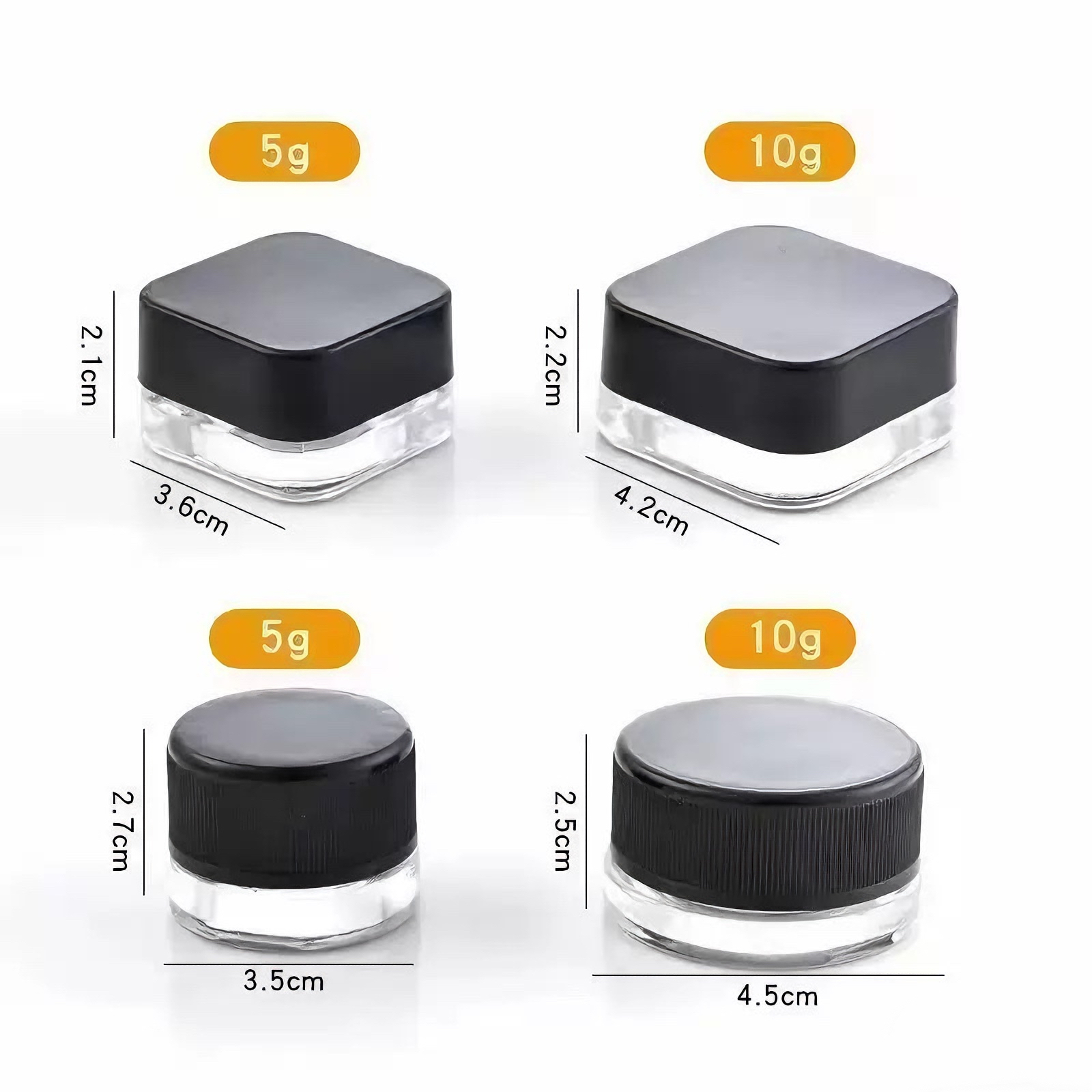5g 10g clear glass jars with black screw caps, square and round 2 styles.